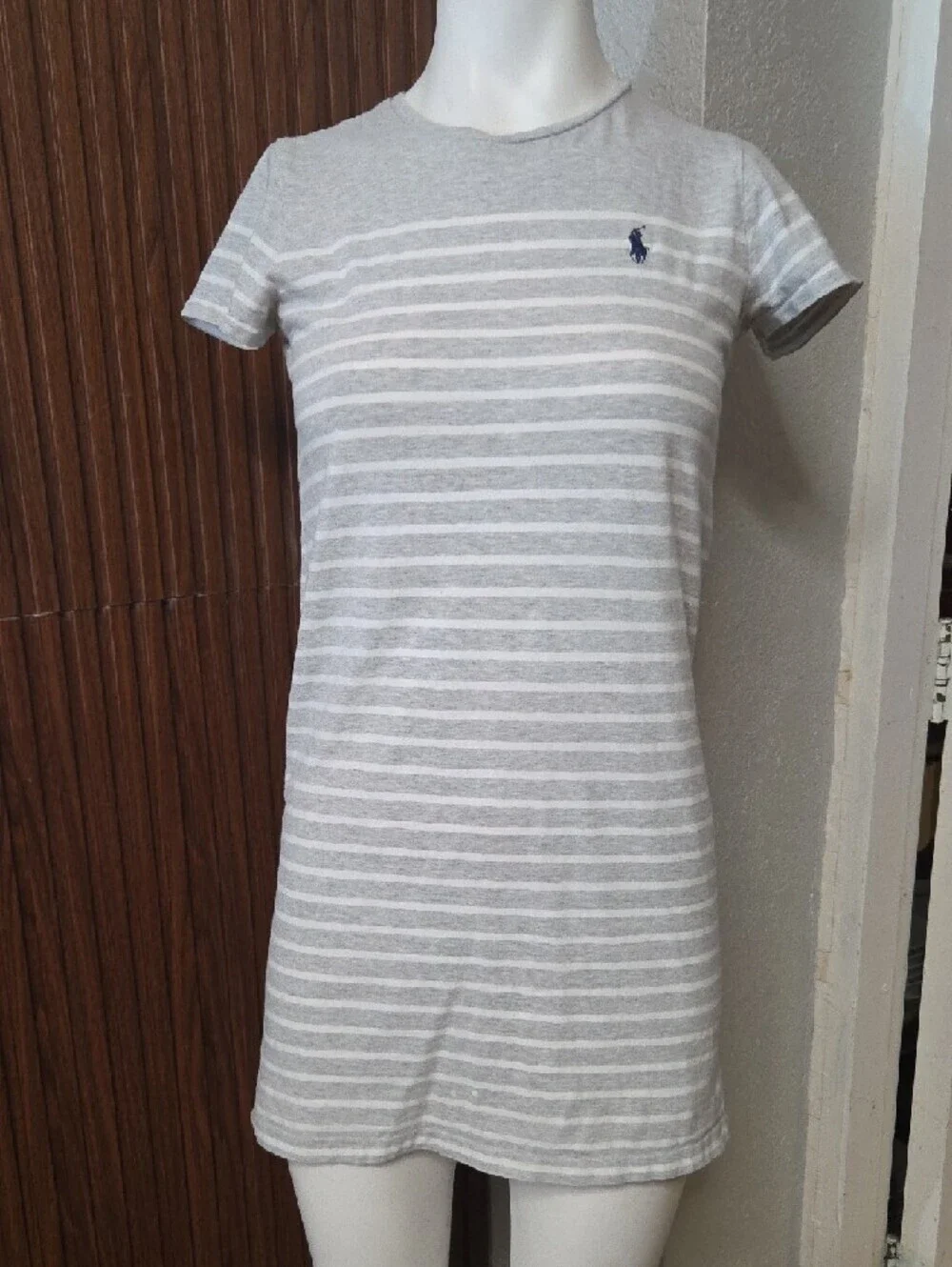 Ralph Lauren Gray & White Striped Tee Dress with Navy Pony [0135]